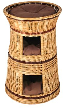 Katzenkorb zum Schlafen – Katzenhütte Indoor – Größe: 50 cm rund – Katzenhöhle aus Weide – Dreistufiges Bett für Hunde oder Katzen – Natürliche Korbfarbe – Braune Kissen