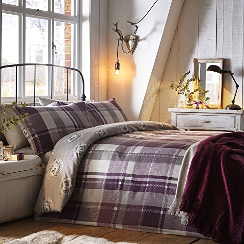 Dreams & Drapes - Housse de Couette hérisson à Carreaux Prune - 230 x 220 cm - 2 taies d'oreiller - 100% Coton brossé Doux - Design réversible - Literie en Flanelle Violette avec hérissons