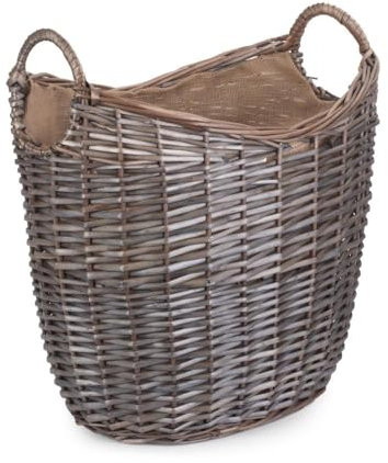 Red Hamper Small Scoop Neck Antique Wash Hessian Lined Wicker Log Basket, Brown, H34 x W25 x D30cm