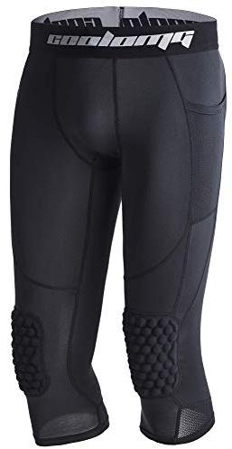 COOLOMG Basketball Pants with Knee Pads Kids 3/4 Compression Tights Black XL