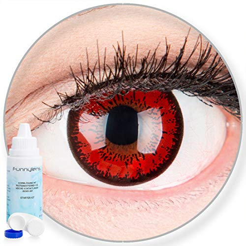 Farbige rote Crazy Fun Kontaktlinsen 'Red Flower' ohne Stärke mit gratis Linsenbehälter + Kombilösung (60ml) - Topqualität zu Karneval, Fasching und Halloween