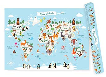 Friendly Fox DIN A1 Kinder Weltkarte Poster Kinderzimmer, Lernposter Tiere der Welt