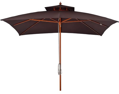 Outsunny Ombrellone da Giardino 3x3 m con Sistema a Corda, Parasole a 2 Livelli, Ombrellone da Esterno Quadrato a 8 Stecche, in Bambù, Legno Pioppo e Poliestere, per Cortile Balcone, Marrone