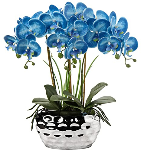 Briful Orchids Artificial Flowers 18 Blue Phalaenopsis Large Orchid with Silver Ceramic Pots Fake Orchid Flower for Home Office Bathroom Living Room Table Decoration