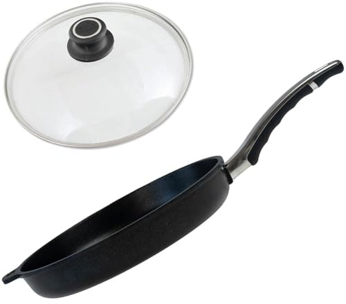 BAF Antihaft Pfanne 28 cm mit Glasdeckel - Aluminiumguss Bratpfanne antihaftbeschichtet - flacher Rand, 5 cm Höhe - nicht induktionsgeeignet - Made in Germany