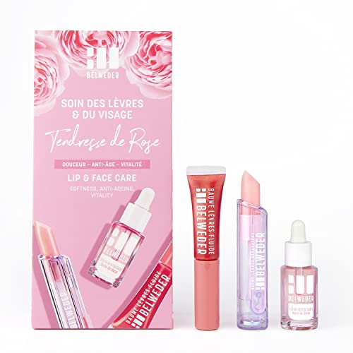 BELWEDER - Lippenpflege Set und Gesichtspflege Roses Zärtlichkeit - 1 Revitalisierendes Serum mit Rosenöl + 1 Lippenpflegestift + 1 Fluidbalsam mit Damaskus Rosenöl - Pflegeset Damen