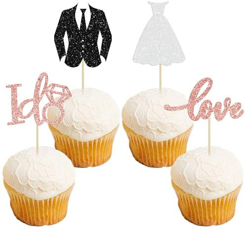 Gyufise Cupcake-Topper für Hochzeit, Brautparty, Verlobung - 24 Stück, Schwarz-Weiß mit Glitzer