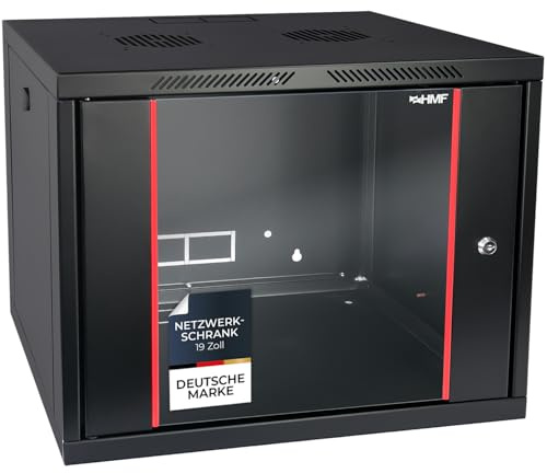 HMF 66409-02 Netzwerkschrank, Serverschrank 19 Zoll | 9 HE | 450 mm Tiefe | Voll montiert | Glastür | Schwarz