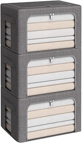 CYhom 3Pack Foldable Storage Bins - Frame Storage Box Linen Fabric Stackable Clothes Container Organizer with Clear Window & Carry Handles Large Capacity (Medium-36L, Dark Gray)