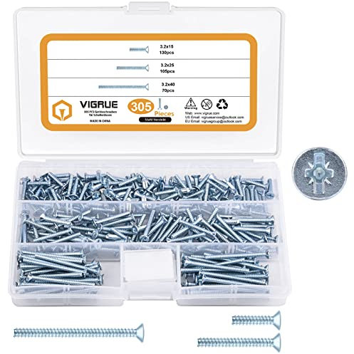 VIGRUE 305 Stück Geräteschrauben für Schalterdosen, Dosenschrauben 3,2x15mm, 3,2x25mm, 3,2x40mm, Steckdosen Schrauben aus Stahl Verzinkt mit PZ1/Schlitz