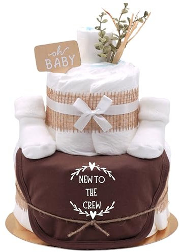 Trend Mama - Vintage Boho Windeltorte Neutral | New to the Crew - 27 Windeln (Gr.2) Baby Lätzchen braun,Babysocken | Babygeschenk zur Geburt
