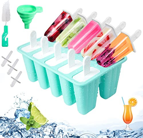 Ice Lolly Moulds with Sticks,10-Hole Silicone Popsicle Moulds, Non-Stick Ice Cream Moulds with Cleaning Brush and Folding Funnel, BPA Free, Green