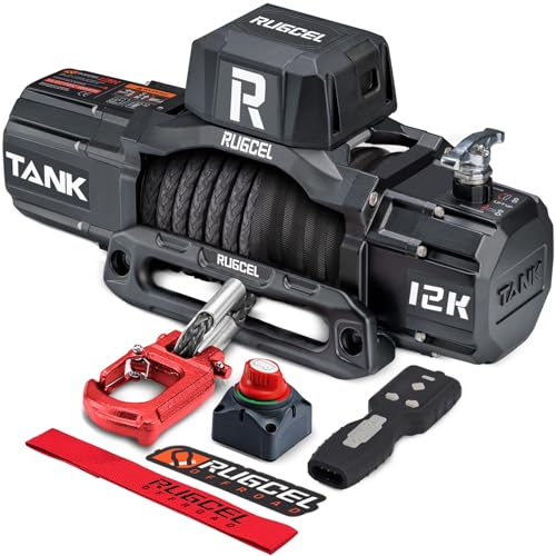 RUGCEL Argano Elettrico 12000lb/5443 kg Verricello per Camion 12 V CC con Cavo in Acciaio Φ1,0 cm x 26, m di Corda Sintetica, Passacavo,Telecomando Senza filI e Cablato, Traino Fuoristrada SUV Jeep