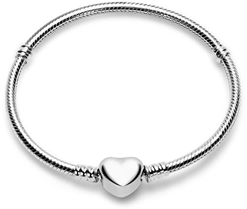 WAKCTFERG Charm Bracelet For Woman 925 Sterling Silver Jewelry Moments Heart Clasp Snake Chain Bracelet Fit Any Charm Gift for Women Girl Suitable for people aged 12 to 80(ZLL-23, 7.5in/19cm)