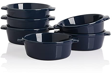 Sweejar Home Ceramic Souffle Dishes, Round Handle-Ramekins-Baking, 295 ML for Pudding,Creme Brulee,Souffle - Set of 6 (Navy)