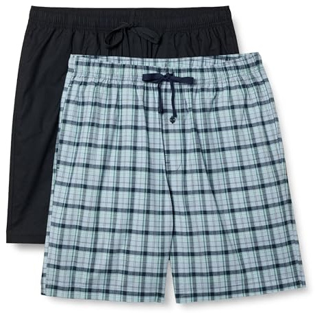 Amazon Essentials Herren Pyjama-Shorts aus Baumwoll-Stretch-Popeline, 2er-Pack, Karomuster/Schwarz, 3XL