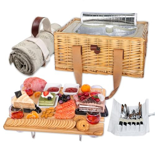 Hap Tim Weiden-Picknickkorb für 4 Personen mit faltbarem Mini-Picknicktisch und großer isolierter Kühltasche und Besteck-Service-Kits für 4 Personen, Paargeschenke, Hochzeitsgeschenke (Y2307-4-CM)