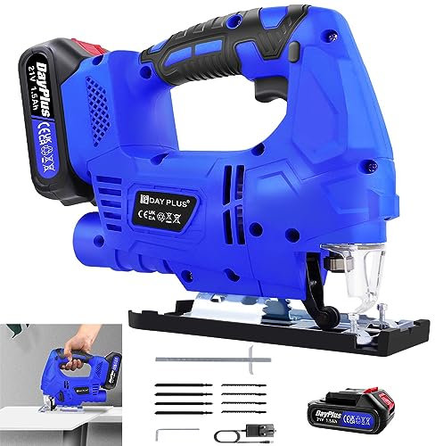 Electric Jigsaw Tool Cordless Jigsaw Portable Jig Saw Wood Cutter with 1.5AH Battery & Charger, 4 Adjustable Cutting Angle, ±45° Power Jigsaw for Wood Metal PVC, Maximum Cutting Depth:100mm