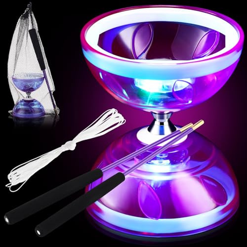 Simgoing Chinese Yoyo LED Diabolo Set Includes Colorful Diabolo Toy Light up Professional Yoyo with 2 Pieces Sticks, 1 Piece String, 1 Net Bag for Fun(Purple)