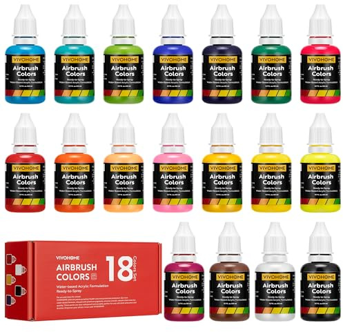 VIVOHOME Set di vernici per aerografo da 18 colori, vernici acriliche per aerografo pronte a spruzzare vernici a base d'acqua, contiene 6 vernici per metallo e 6 vernici al neon (20 ml）