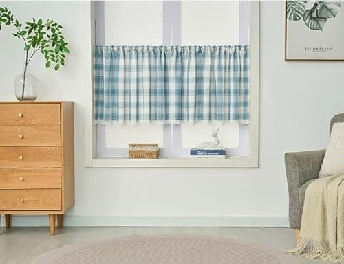 Devola Scheibengardinen Kariert Landhausstil HxB 60x120cm Blau 1 Stück | Bistrogardine Karo Küchengardinen mit Spitze, Kurzstore mit Stangendurchzug, Kurzgardine Blickdicht Gardine Privatsphäre