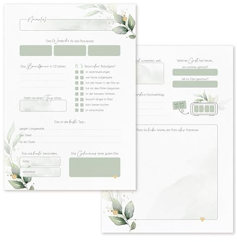 Gästebuchkarten für Hochzeit, 25er Set in DIN A5 (14,8x21cm), Hochzeitsspiel mit Fragen zum ausfüllen im Eukalyptus Greenery Stil, Gästekarten als Gästebuch Alternative
