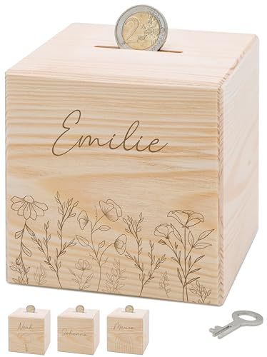 Bärenfreunde® - Personalisierte Spardose Kinder aus Holz mit Metallschloss - Spardose mit Namen mit präziser Gravur zum Sparen für Kinderträume (Blumenwiese)
