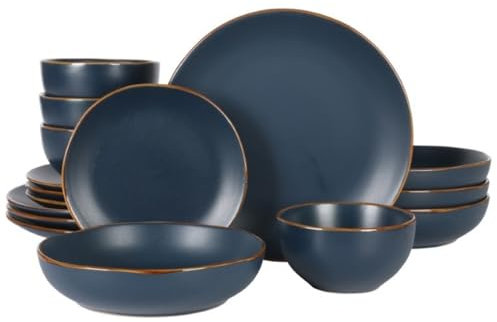 Gibson Home Hazeltine 16-Piece Navy Blue Stoneware Dinnerware Set – Plates and Bowls, Durable Ceramic Kitchen Dinner Set