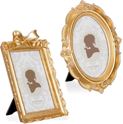 Qunclay 2 Pcs 4 x 6 Inches Vintage Picture Frames Antique Baroque Ornate Resin Rectangle Oval Photo Frames with Glass Front Tabletop and Wall Decor for Home Wedding Christmas Party Decor(Gold)