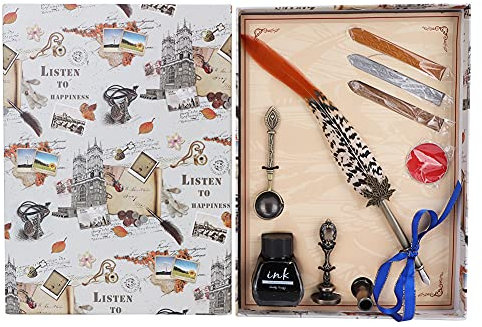 ChengyuWei Vintage-Feder-Tintenset, Feder-Tintenset, Feder-Kalligrafie-Stift-Set, Retro-Edelstahlfedern, Dip-Schreibfedern, Wachs-Set, Federkiel mit Verpackungsbox (Stil 2)