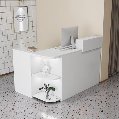 Empfangstheke Empfangstresen Holz Rezeptionstisch Rezeptionstheke Mit LED-Licht Und Schubladen Multifunktional Verkaufstheke Kassentheke Messetheke Für Büros Rezeptionen Hotels(White (left),120cm/47.2