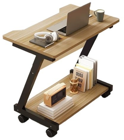 Überbetttisch mit Rollen Stahl Nachttisch Aus Holz, Laptop Nachttisch, Abnehmbarer Sofa Beistelltisch, Z-Rahmen, Geformte Tischplatte, für Schlafzimmer, Wohnzimmer(Brown)