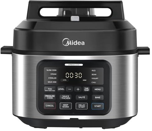 Midea Olla a Presión 9 en 1, 6L con 12 Funciones de Cocción olla Presion Electrica (Cocción Lenta, Olla Arrocera, Sous Vide, Vaporera), 70% Más Rápida, Acero Inoxidable Pulido y Negro