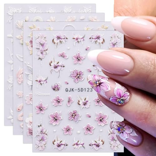 JMEOWIO 3D Fleurs Stickers Ongles Nail Art, Autocollants Ongles Autoadhésif 5D Deco Ongle Nail Art Design Manucure 4 Feuilles