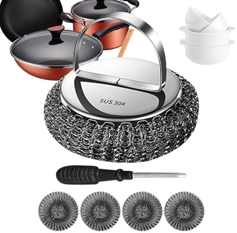 Metal Scrubber with Handle, Steel Wool Scrubber | Detachable Ergonomic Dish Scrubber - Thickened Dish Scrubber, Portable Pot Scrubber with Handle for Pots, Sinks, Cooking