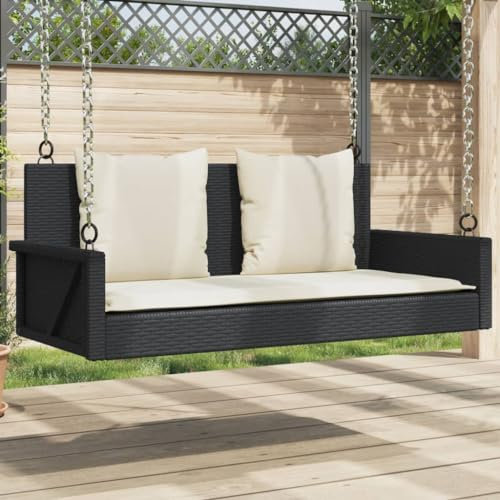 Gecheer Hängebank mit Kissen, Hängeschaukel mit Befestigungsringen, Schaukelbank für Außenbereich, Gartenschaukel 119x56x48 cm Poly Rattan Schwarz