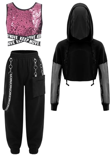 Kaerm Traje de hip hop para niños, disfraz de jazz callejero, manga larga, sudadera con capucha, sujetador de lentejuelas, pantalones cargo con cadena de metal, 3 piezas, Rosa., 110-116