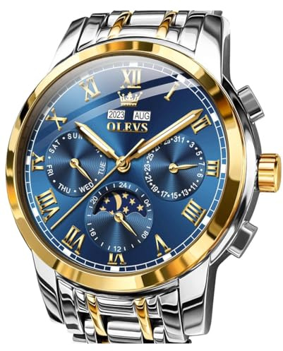 OLEVS Goldblau automatische Herrenuhren, goldene selbstaufziehende mechanische Business Luxus-Armbanduhr aus Edelstahl mit Mondphase, wasserdicht, Leuchtend, mit Kalender für Männer