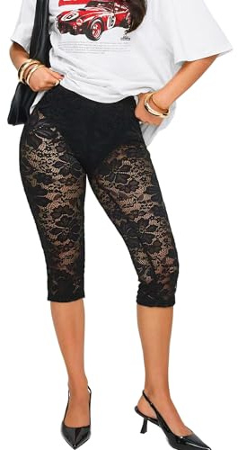 TZLDN Women Lace Tights Knee Length Patterned Tights Cropped Leggings 3/4 Capri Leggings High Rise Sexy Goth Black L