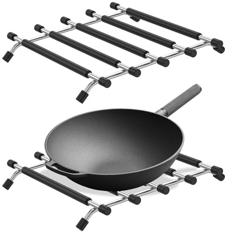 BAODBF 2 Stück Topfuntersetzer Metall,Schwarz Untersetzer,Metall Untersetzer Topf mit Rutschfester Unterseite Gummifüßen,Topfuntersetzer für Heißes Geschirr und Bügeleisen Untersetzer-Set
