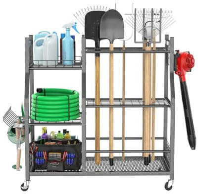 BHKERUZ Gartenwerkzeugregal mit beweglichen Haken & feststellbaren Rollen, Hof-Werkzeugaufbewahrung für Outdoor-Schuppen, Garage, Garten,93×40×95cm