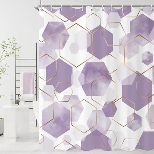 GCIREC Cortina de Ducha, 120x180cm, Cortina de Baño Impermeable de Tela Impermeable de Rejilla Geométrica de Acuarela de Arte Abstracto Moderno Morado Claro con Ganchos