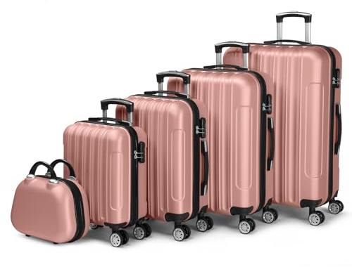 LALAHO Kofferset 5 teilig mit Kosmetikkoffer, Hartschalen Koffer Set aus ABS, Reisekoffer Set, Gepäckset mit Schminkkoffer & Handgepäck, Roségold