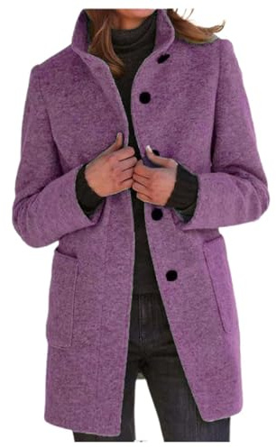 Generisch 2025 Abrigo de lana de invierno para mujer, color liso, cuello alto, con botones, Color lila claro., XL