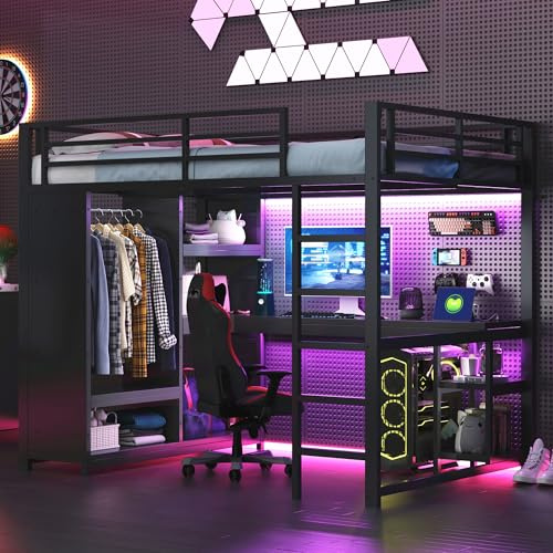 NovaFurnish 140x200 Metall-Gaming-Hochbett mit LED, Schreibtisch, offenem Kleiderschrank und Ablagefächern, Schwarz