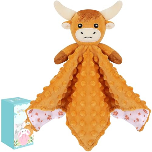 Highland Cow Baby Comforters Blanket Plush Cuddly Toy Comforter Cuddle Blanket Animal Snuggle Toy Comforters Infant Gift for Mom, Cow Toys Loveys Newborn Soft Touch Toddler Boys Girls Plush