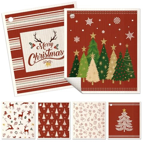 Miss Adola 6 Pack Christmas Swedish Dishcloths for Kitchen - Reusable Dish Cloths for Washing Dishes Absorbent Cute Holiday Kitchen Towels Cleaning Sponge, Red Xmas Theme