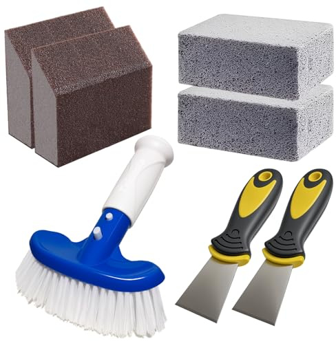Pool Pumice Stone, 6-inch Nlon Pool Brush, Sanding Sponge and Mini Scraper Set with EZ-Clip Handle to Reomve Erase Rust Stain Spot in Concrete Plaster Pool Spa and Calcium Deposit on Pool Tile