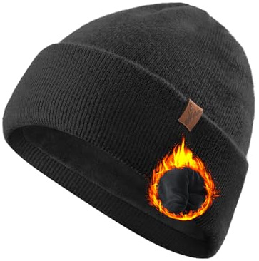 Gorro Invierno Hombre de Lana Merino: Clásico Gorras de Punto con Dobladillo para Hombre y Mujer, Forrado Suave y Cálido Ideal para Moda Correr Senderismo Esquí Deportes al Aire Libre - Negro