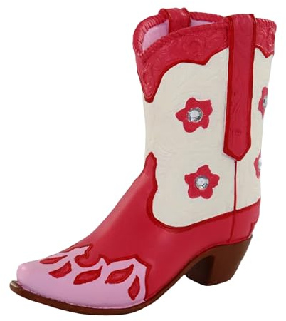 Dwelloria Western Cowboy Boot Resin Figurine – Pink & Cream Flowered Handicraft Personalized Gift Sculpture – Rustic Cowgirl Boot Home Decor Accent – 6.89” Vintage Western Tabletop Ornament